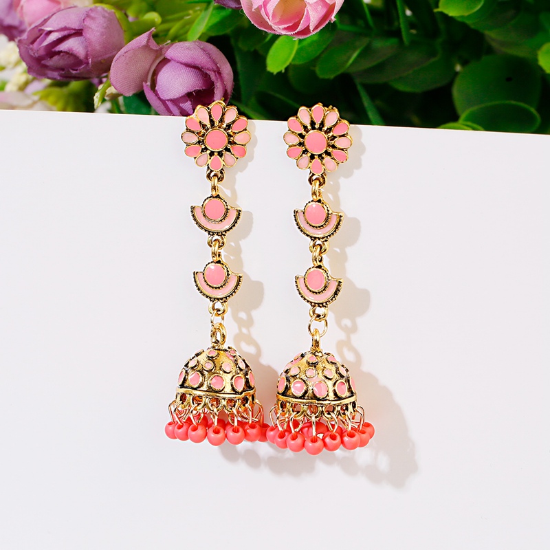 Indian Wedding Supply - Etniczne długie różowy kwiat kolczyki jhumka